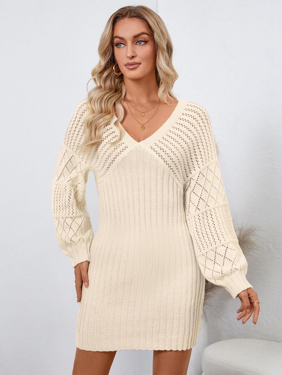 Womens Oversized Sexy V Neck Crochet Knit Sweater Dress Spring 2025 Trendy Ladies Dressy Casual Outfits Hollow Out Long Sleeve Wedding Guest Formal Cocktail Prom Mini Dress Khaki S - Image 4