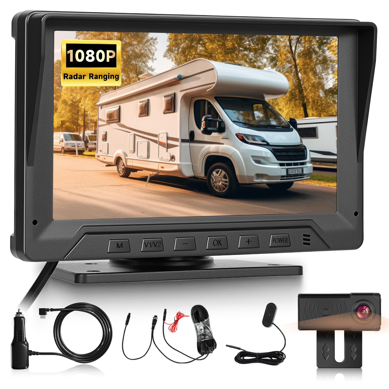 Hodozzy Cámara de Marcha Atrás con Radar, 7 Pulgadas Pantalla 1080P Monitor con Visión Nocturna y IP68 Impermeable y Línea de Marcha Atrás Inteligente, Aparcamiento Cámara de Visión Trasera para 12V