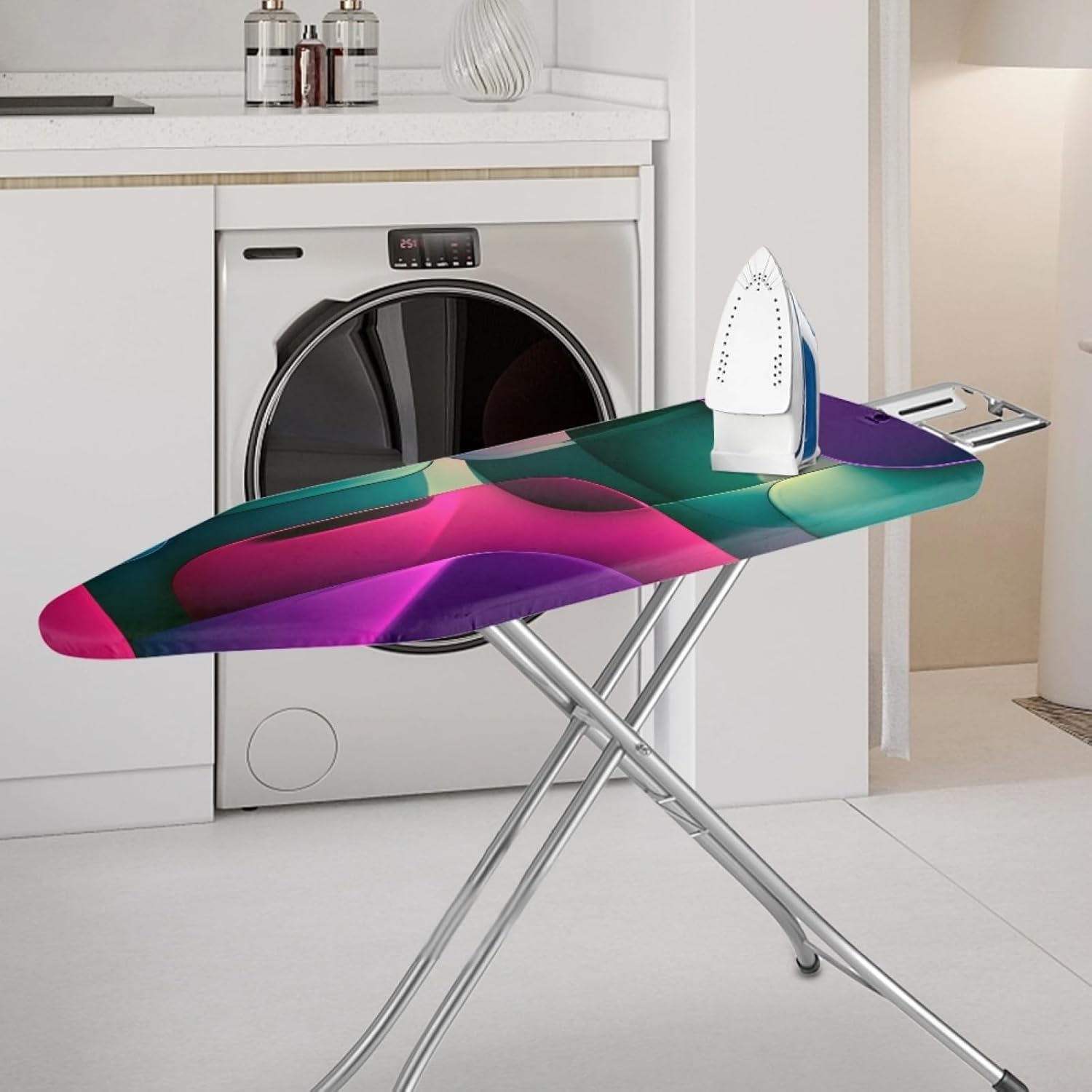 Large Ironing Board Cover and Pad 59x19 Red Purple Geometry Iron Table Cover with Padding,Extra Wide,Resist Scorching and Staining,Heatproof,Adjustable Fastener Durable Stain