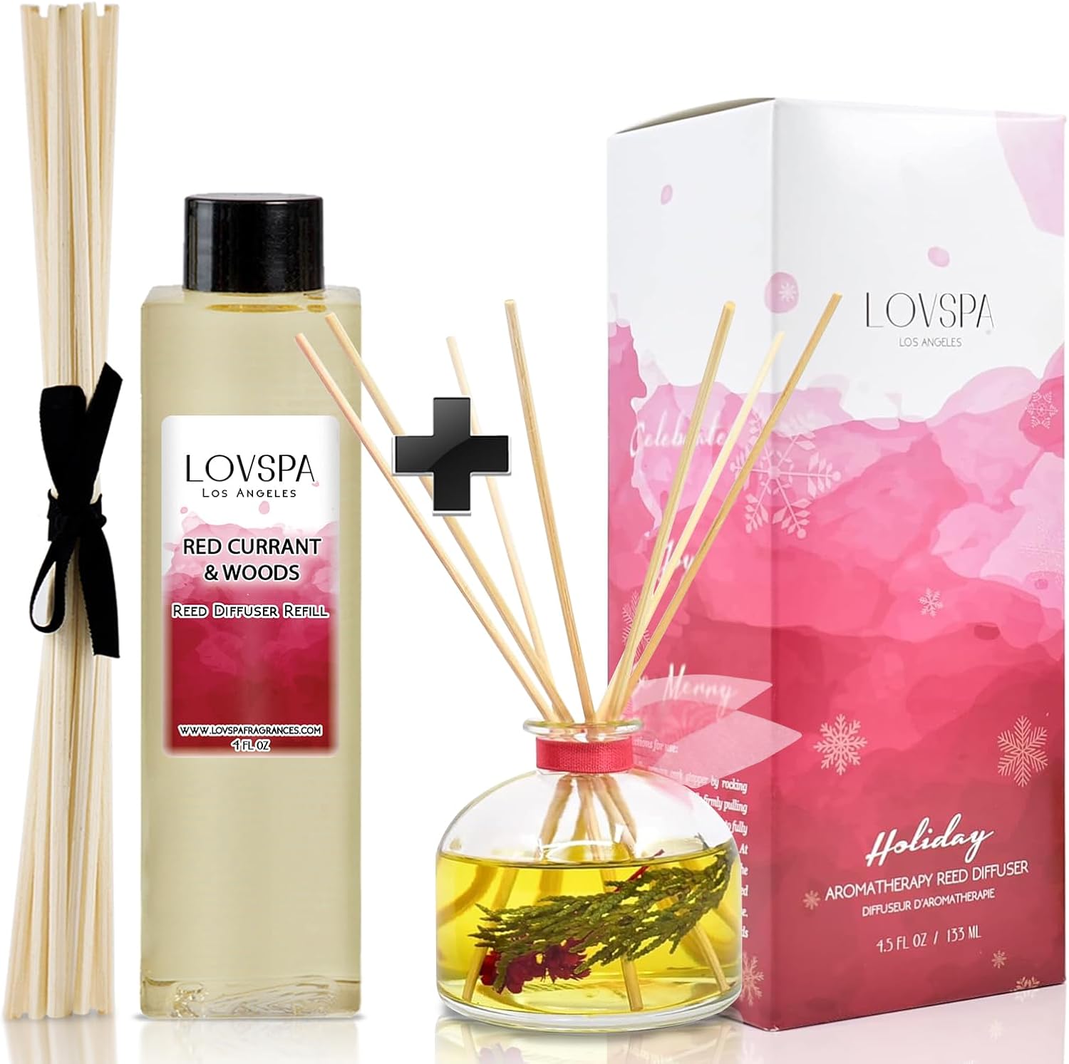 LOVSPA Holiday Spiced Red Currant & Woods Reed Diffuser Refill, 4 oz, Bundle with Holiday Spiced Red Currant & Woods Reed Diffuser Set - Made with Essential Oils in The USA