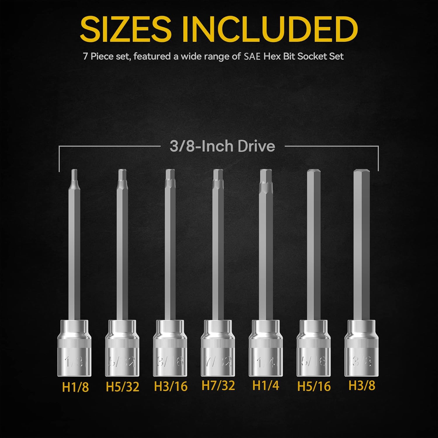Renekton 3/8” Drive Extra Long Allen Hex Bit Socket Set, SAE, 1/8mm to 3/8mm, S2 and Cr-V Steel, 7 Piece