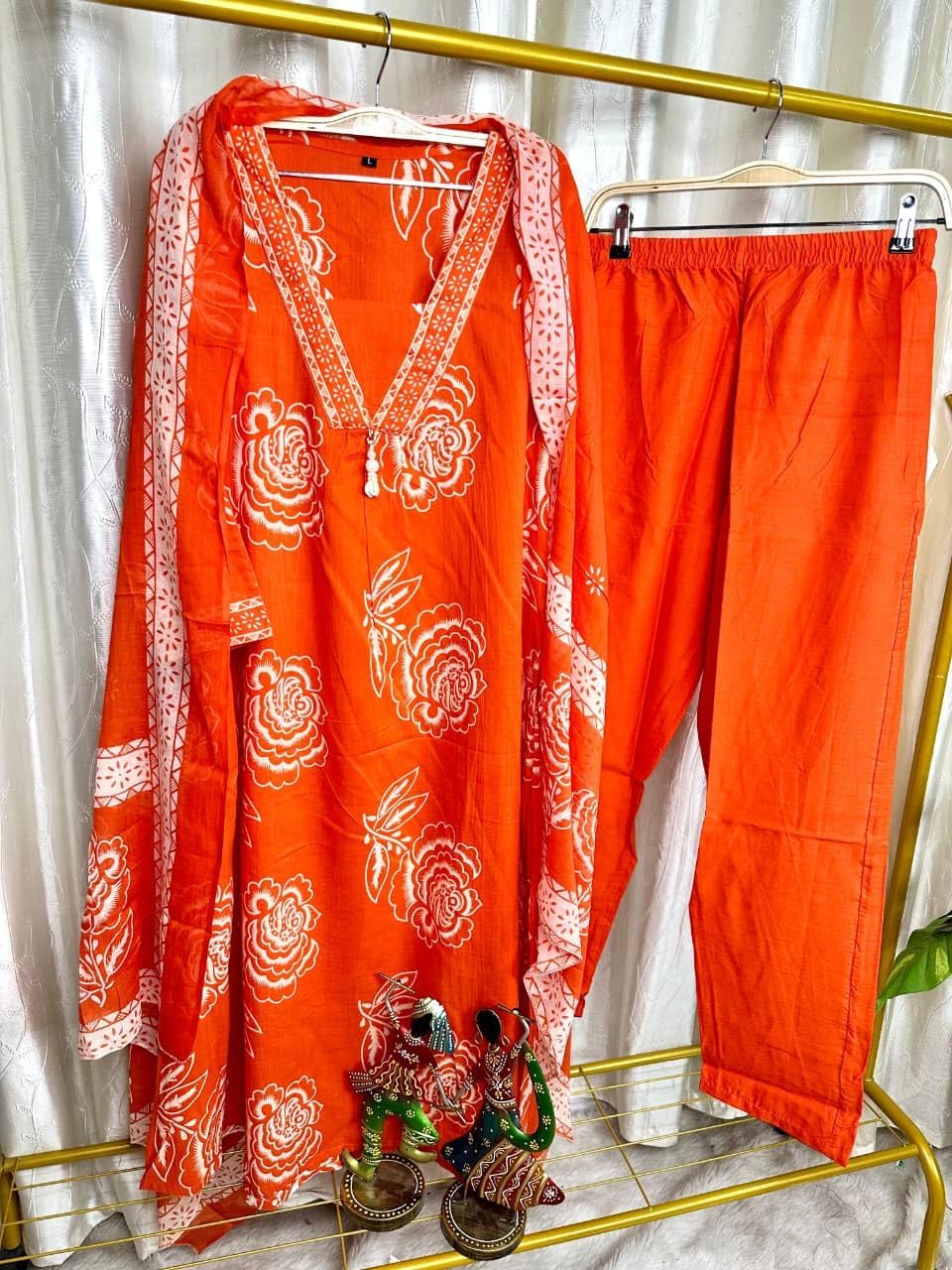 Jaipuri Cotton 3 Piece Kurta Set for Women with Mulmul Dupatta