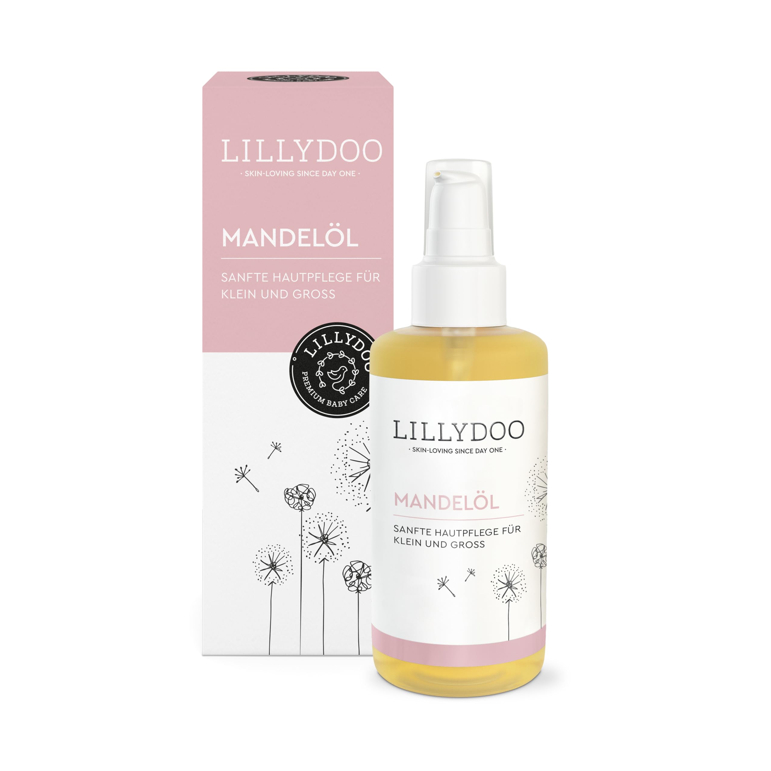 LILLYDOO parfürmfreies Babyöl Mandel, 99% reines Mandelöl kaltgepresst mit Vitamin E zur Babypflege, vegane Naturkostmetik, Dermatest sehr gut in hochwertiger Glasflasche (100ml)