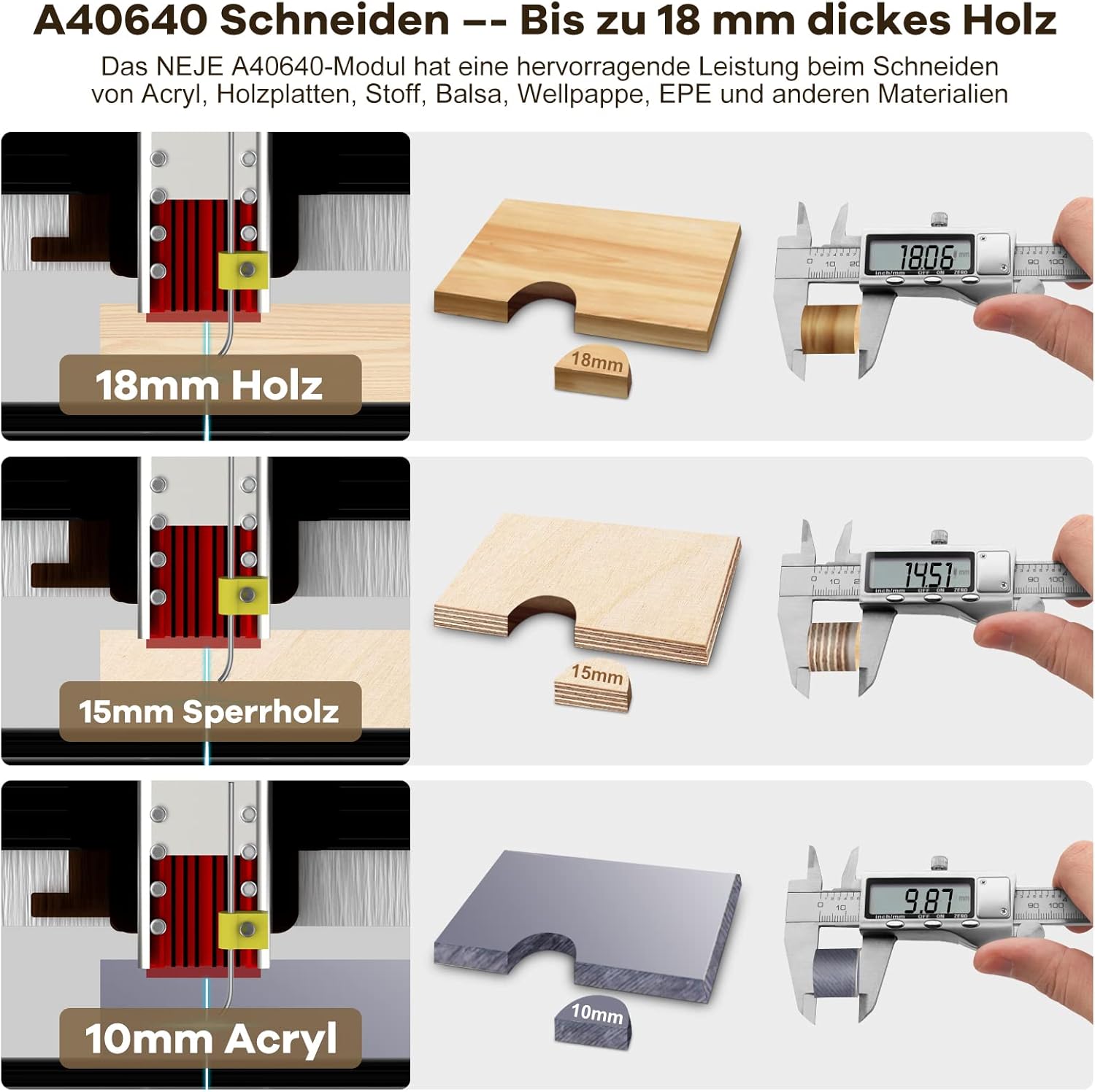 NEJE A40640 cutting capabilities for wood, plywood, and acrylic