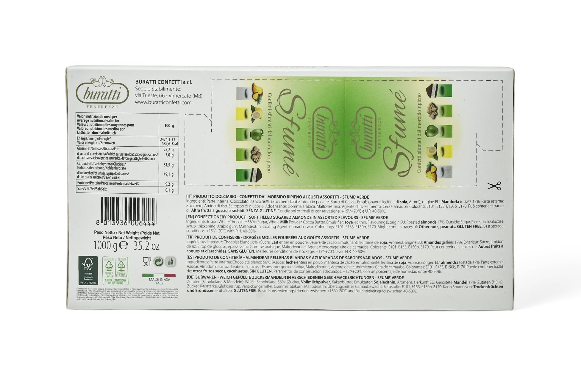 Buratti Confetti con Mandorle Tostate Ricoperte di Cioccolato, Bianco ai Molteplici Gusti, Tenerezze Sfumè Verde - 1000 g (Confezione da 2)