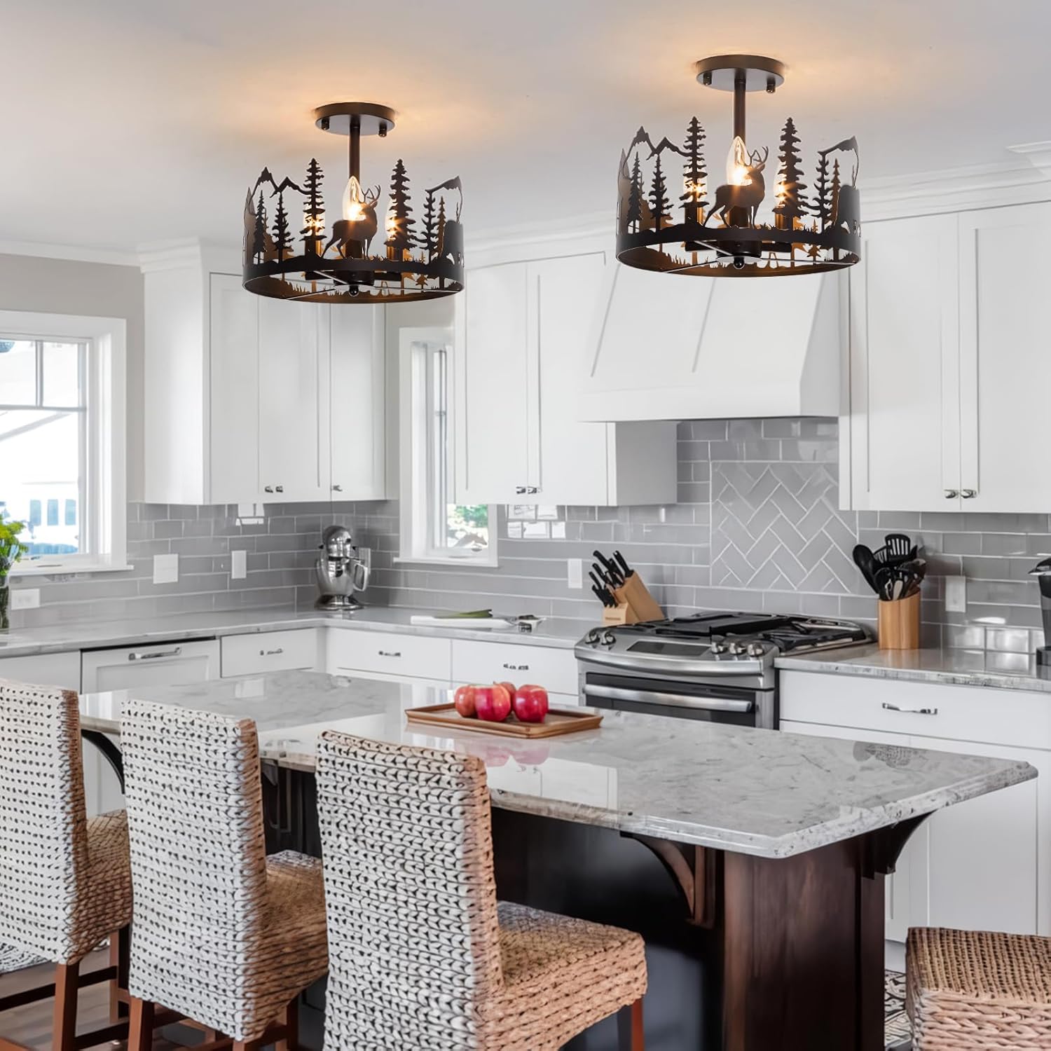 Rustic Farmhouse Semi-Flush Mount Ceiling Light Fixture,3-Light E12 Base Black Round Metal Light Fixtures for Kitchen, Foyer, Living Room, Industrial Style with Deer, Bear, and Tree Design-Rimless