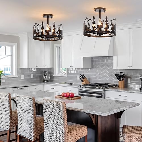 Miniatura 5 de Lámpara de techo rústica de montaje semiempotrado, base E12 de 3 luces, luces redondas negras de metal para cocina, vestíbulo, sala de estar, estilo