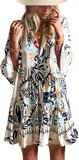 Opemiby Women's Flowy Ruffle 3/4 Sleeve V-Neck Boho Babydoll Beach Mini Dress 2026