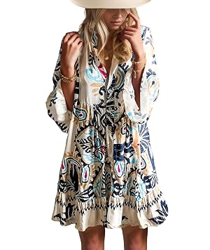 Summer Dresses for Women 2025 Flowy Ruffle 3 4 Sleeve V Neck Tiered Casual Babydoll Boho Beach Mini