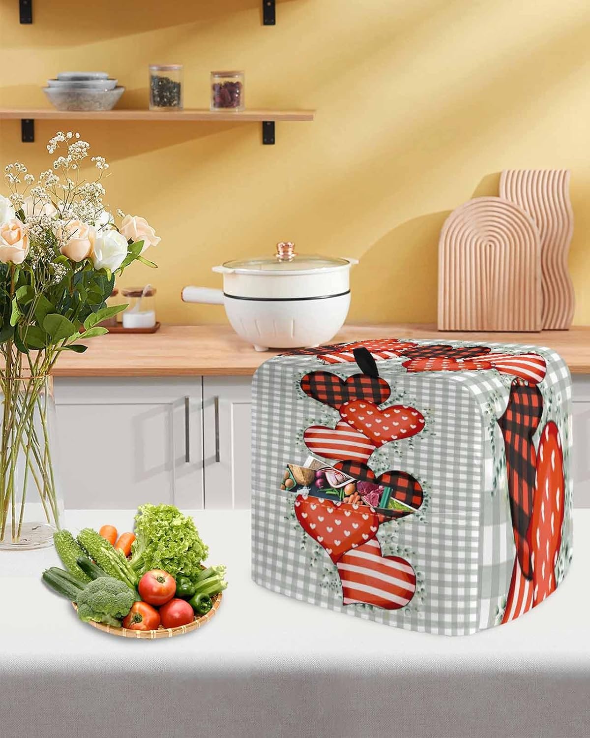 Valentine's Day Stand Mixer Cover with Storage Pocket, Waterproof Kitchen Mixer Covers, Love Heart Sage Green Leaves Buffalo Plaid Kitchen Appliance Dust Cover Compatible with 4/4.5 Quart Mixers