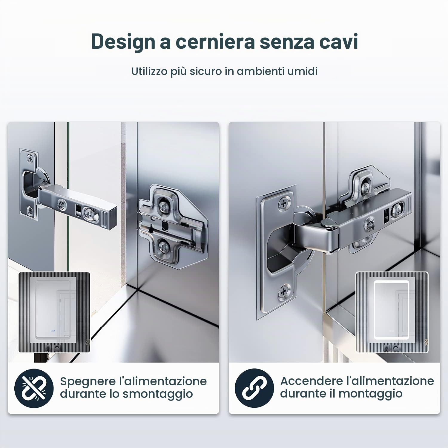 SONNI Armadio a LED con Specchio Illuminato 50 x 70 cm in Alluminio Antiappannamento Design Cerniera Wireless, Mobiletto Bagno Sospeso con Specchio e Presa Impermeabile per Bagno