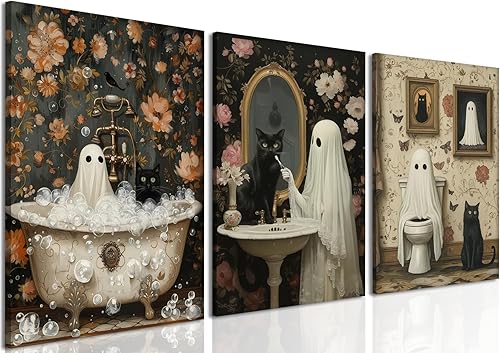 Juego de 3 arte de pared de fantasmas de Halloween para baño, divertido gótico, decoración de pared de academia oscura, fantasma de terror y gato