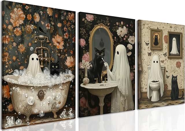 Halloween Ghost Bathroom Wall Art Set of 3, Funny Gothic Wall Decor Dark...
