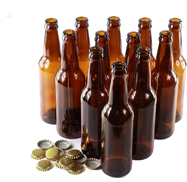 Brown Glass Beer Bottles Pack of 12 Gold Caps - Homebrew (330ml)