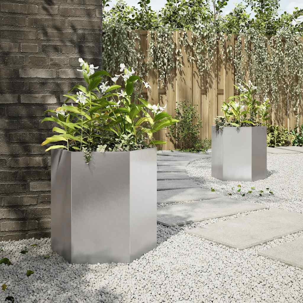 Jardineras de jardín de 2 piezas negras hexagonales de acero inoxidable para plantas, flores y hierbas aromáticas con diseño elevado y abierto para drenaje, ideal para huerto