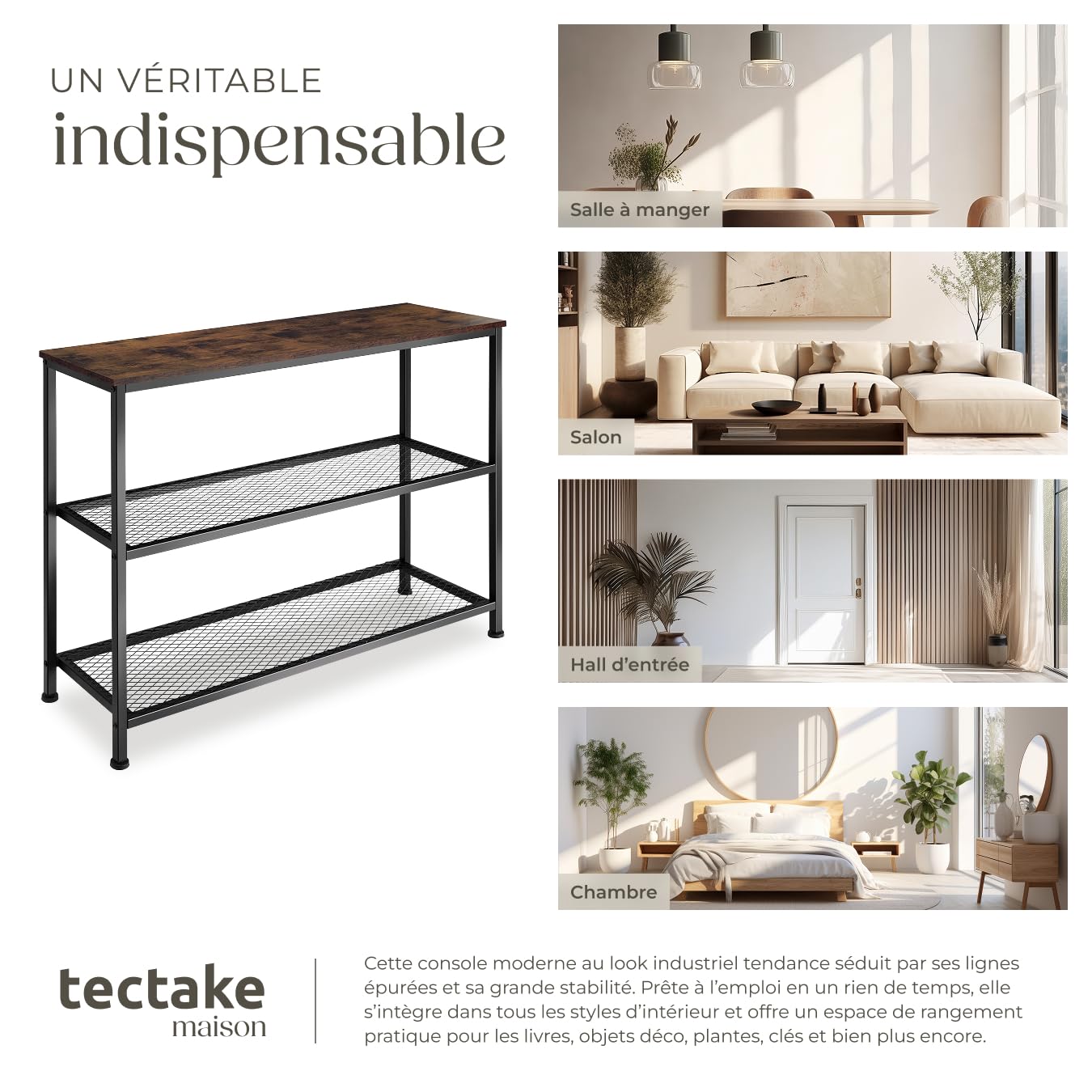 tectake® Console Meuble Bristol 100 x 30 x 81 cm, Style Industriel linéaire Cadre en Acier Robuste, Console Entree Meuble d'Entrée Couloir Salon Bureau, Décoration Maison, Couleur Bois Foncé