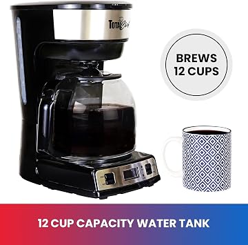 Koolatron Total Chef 12 Cup Coffee Maker, Programmable Drip Coffee Machine, Glass Carafe, Reusable Basket Filter, Black and Silver