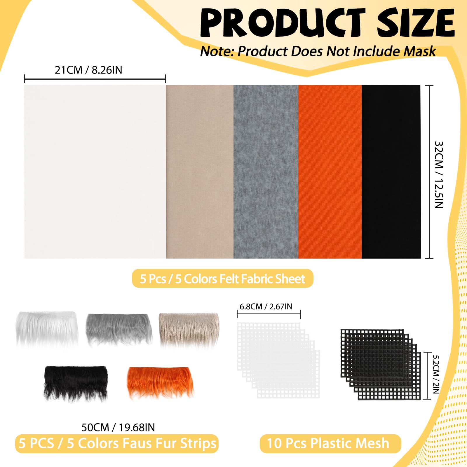 Giftota 20 Pcs DIY Cat Therian Mask Material Kit with Super Soft Felt Fabric Sheet, Plush Faux Fur, Eye Mesh (No Mask)