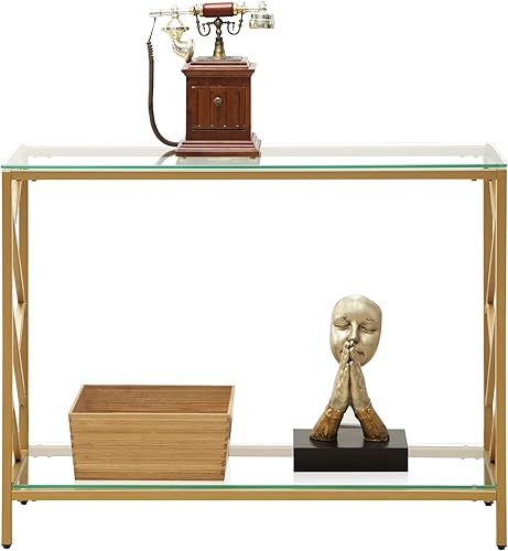 Miniatura 10 de SICOTAS Mesa consola dorada mesa de sofá estrecha de 417 pulgadas de largo marco dorado con estante de cristal de 2 niveles mesa de pasillo mesa