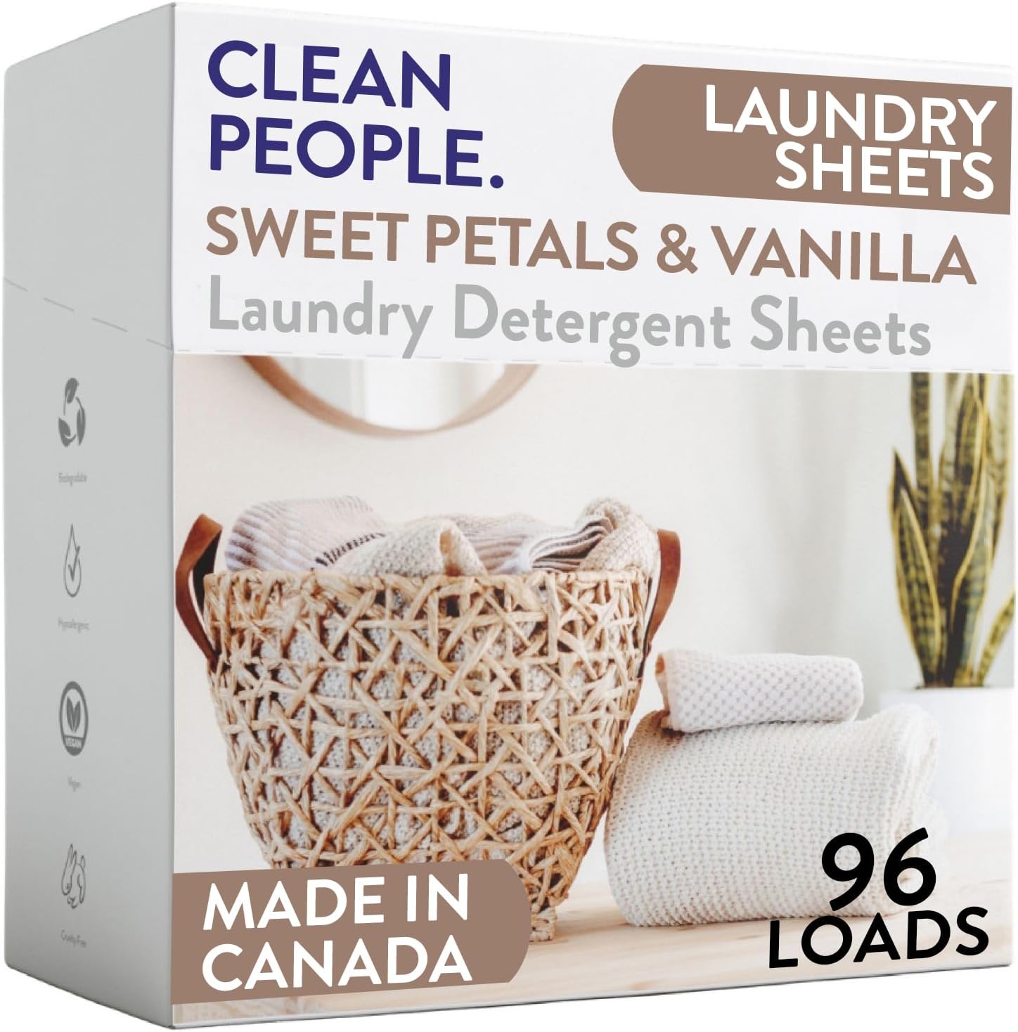The Clean People Fragrance Free Laundry Detergent Sheets - Hypoallergenic Laundry Soap - Ultra Concentrated, Recyclable Packaging, Stain Fighting - Sweet Petals & Vanilla, 96 Pack