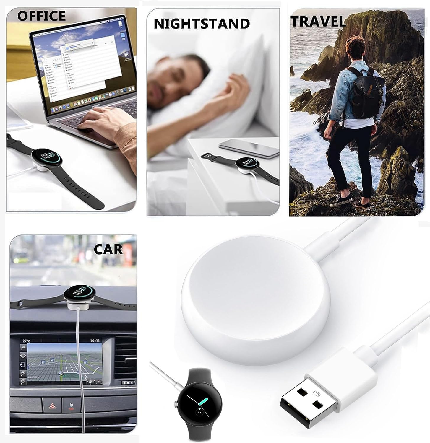 USB Watch Charger Cable for Google Pixel-Watch, Magnetic Replacement Charging Cable Cord Stand for Google Pixel Smartwatch, White, 3.3FT