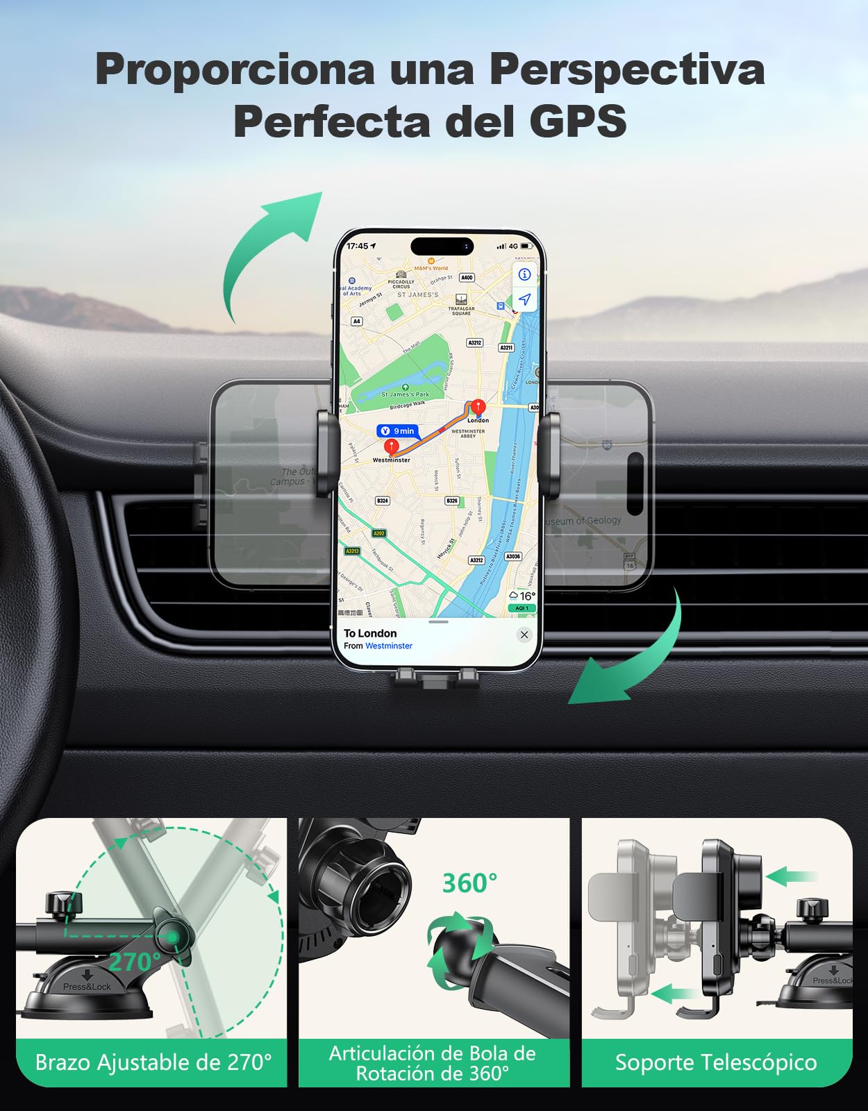 Glangeh Cargador Inalambrico Coche, Soporte Movil Coche Salpicadero con Sujeción Automática, Soporte Coche Movil de 15W para Ventilación de Parabrisas y Salpicadero, Compatible con iPhone etc 4.7-6.9"