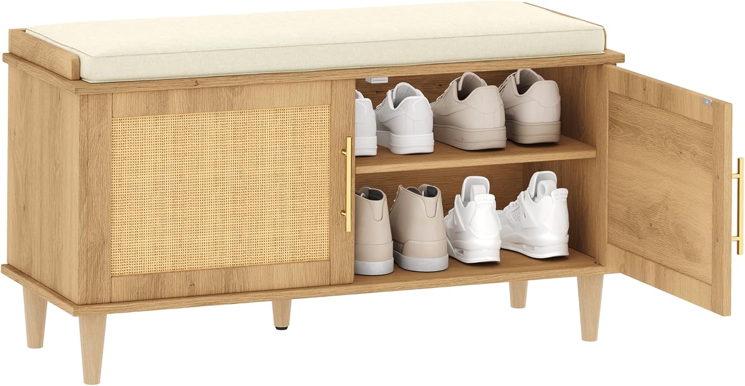 Natural Rattan Shoe Storage Bench with Cushion, Entryway Shoe Cabinet Bench with 2 Doors, 15"D x 39.4"W x 20"H, Wooden Shoe Organizer, Adjustable Shelf, Solid Wood Legs, for Hallway, Bedroom image 7 of 8 B0DRC9FXFN