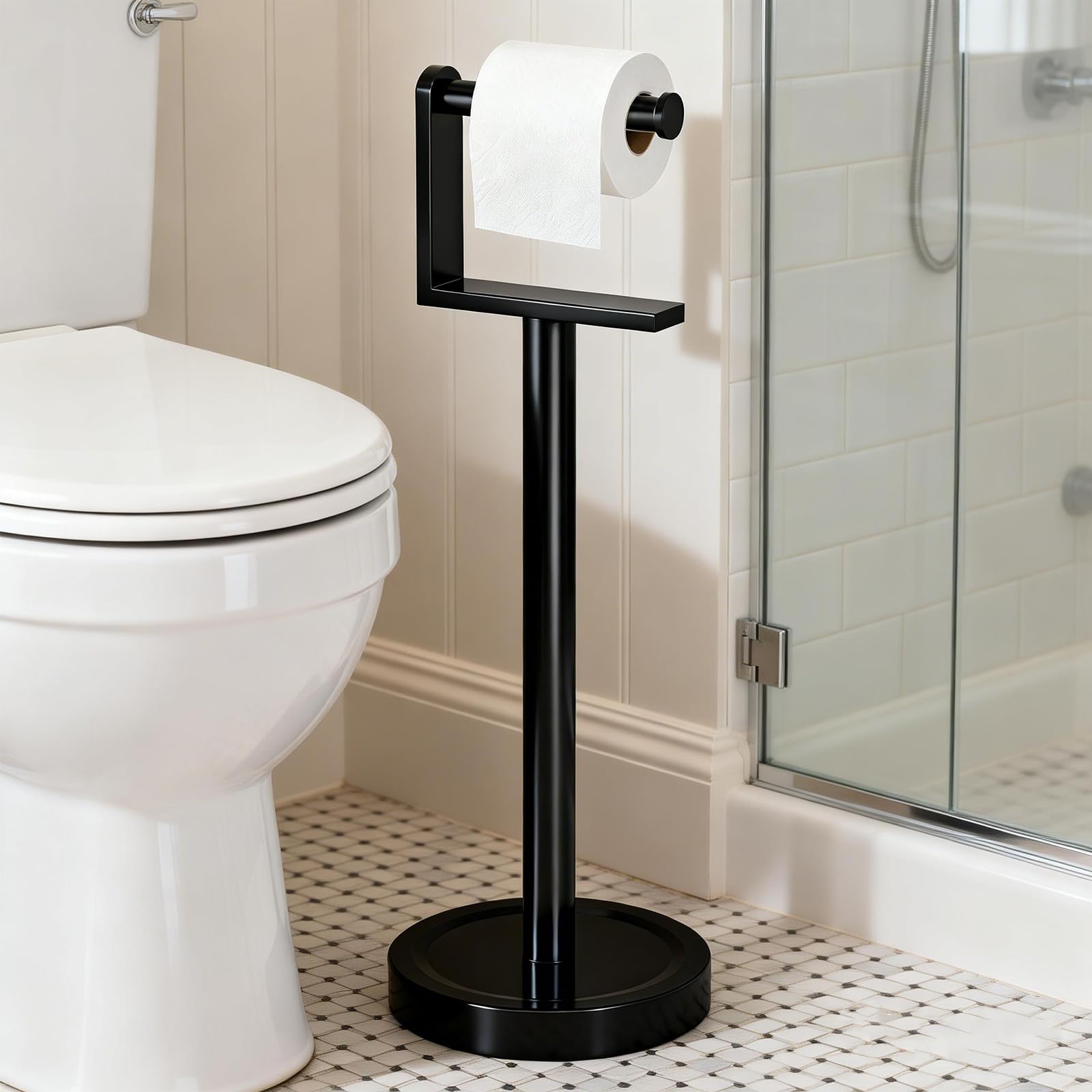 Heavy Duty Toilet Paper Holder Stand, Stable Weighted Base Toilet Paper Holder Free Standing, Stainless Steel Bathroom Free Standing Toilet Paper Roll Holder, Matte Black Tissue Rack — Amazon image 9