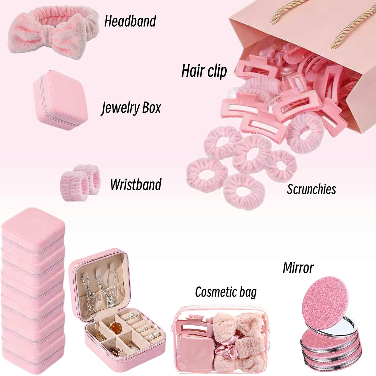 54 Pcs Spa Party Favors for Women – Bow Headband Wristband Scrunchies Hair Clip Jewelry Case Makeup Bag Mirror for Bridesmaid Gifts, Teen Party Favors, Ladies Weekend & Graduation