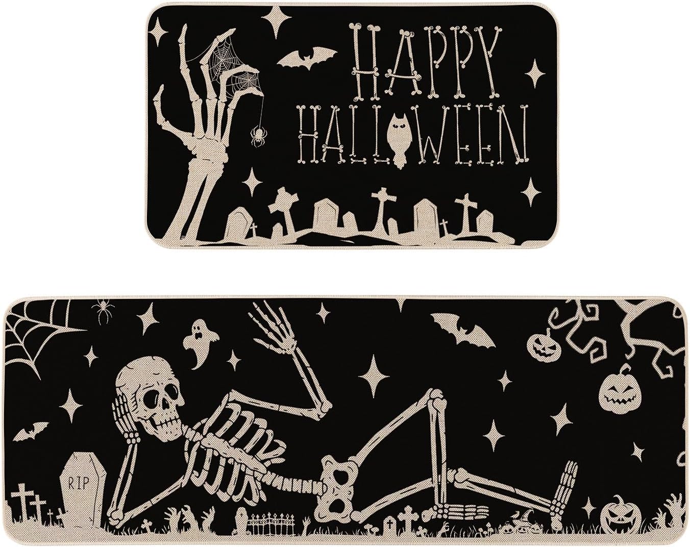 Moutina Spooky Skeleton Happy Halloween Decorative Kitchen Rugs Set of 2, Gothic Holiday Party Home Decor Low-Profile Kitchen Mats for Floor - 17x29 and 17x47 Inch