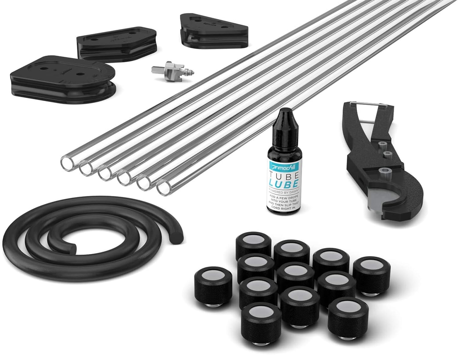 PrimoChill Complete Hardline Water Cooling Starter Kit – 14mm PETG Tubing with Cuttter, 12 Fittings, Bending Jigs + Bend Cord & Free Rigid Finishing Bit - TX Matte Black