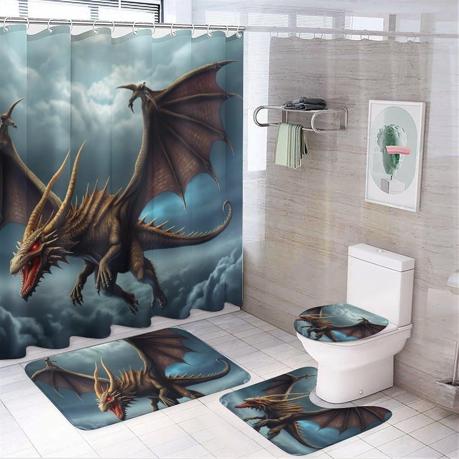 Flying Dragon Shower Curtain Set 4 Piece, Non-Slip Bath Mat with Toilet Lid Cover and Waterproof Shower Curtain with 12 Hooks, Complete Bathroom Set for Home Decor