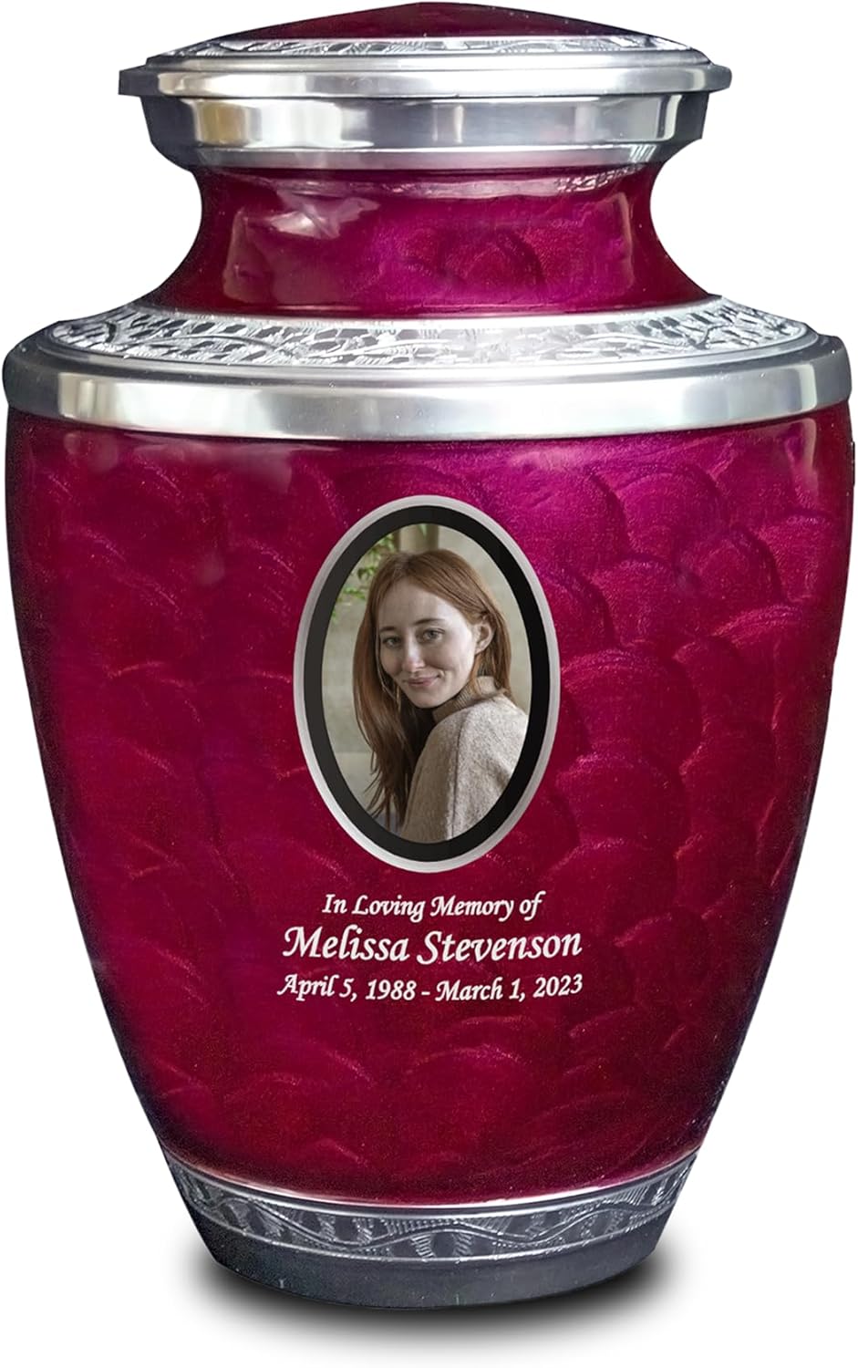 Personalized Photo Cremation Urns for Adult Human Ashes, Large Custom Engraved Picture Memorial Urn for Men and Women with Velvet Bag, Holds 230 lbs (Maroon)