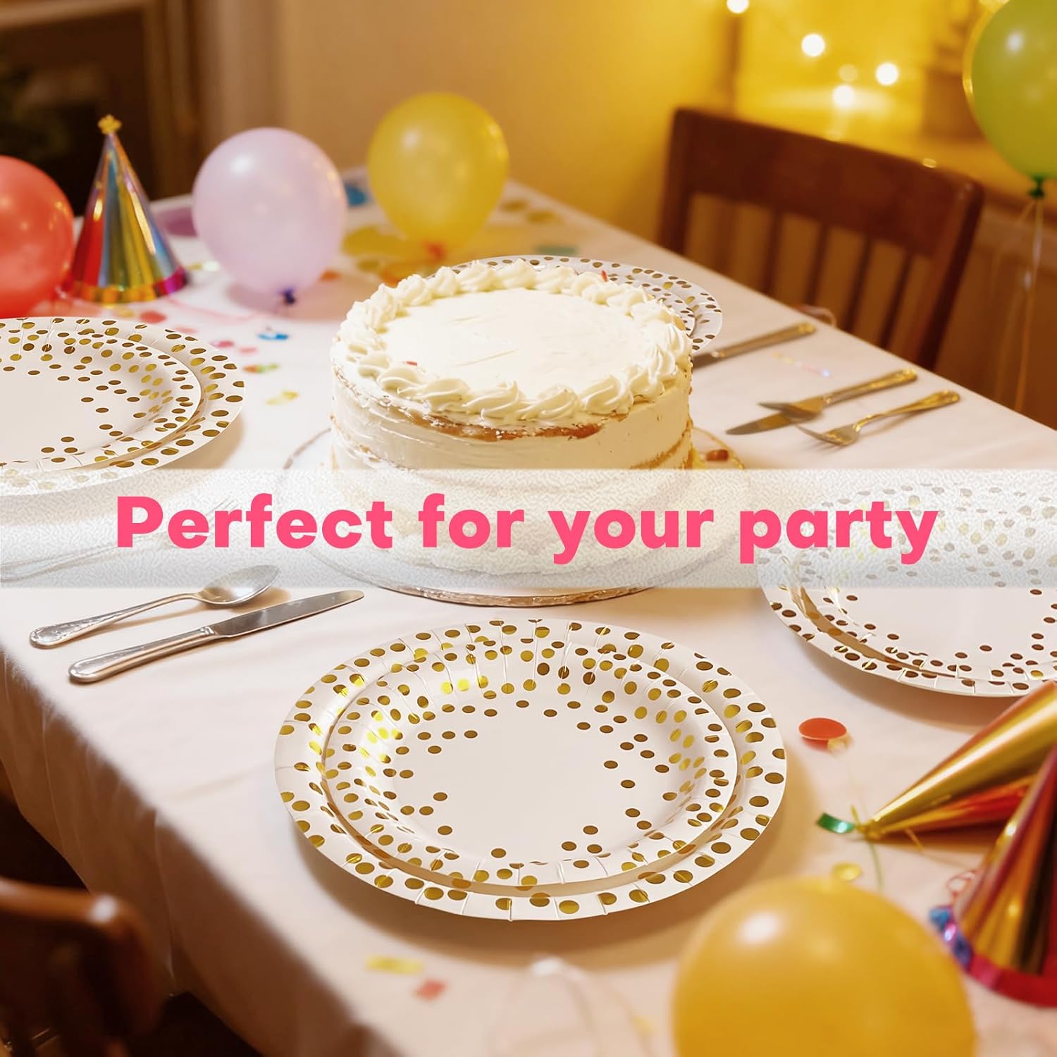 Disposable Plates for Party 50 Sets, 7'' & 9'' Paper Plates, Heavy Duty Golden Dot White Paper Plates Napkins Cups for Baby Shower Birthday Wedding