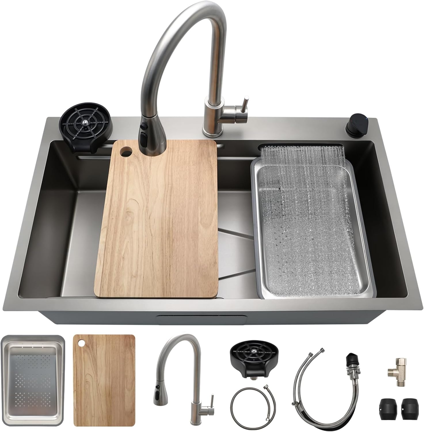 33 Inch Drop In Kitchen Sink  11 Gauge (3mm) Stainless Steel, Single Bowl Waterfall Ledge Workstation with Faucet, Cup Rinser & Accessories