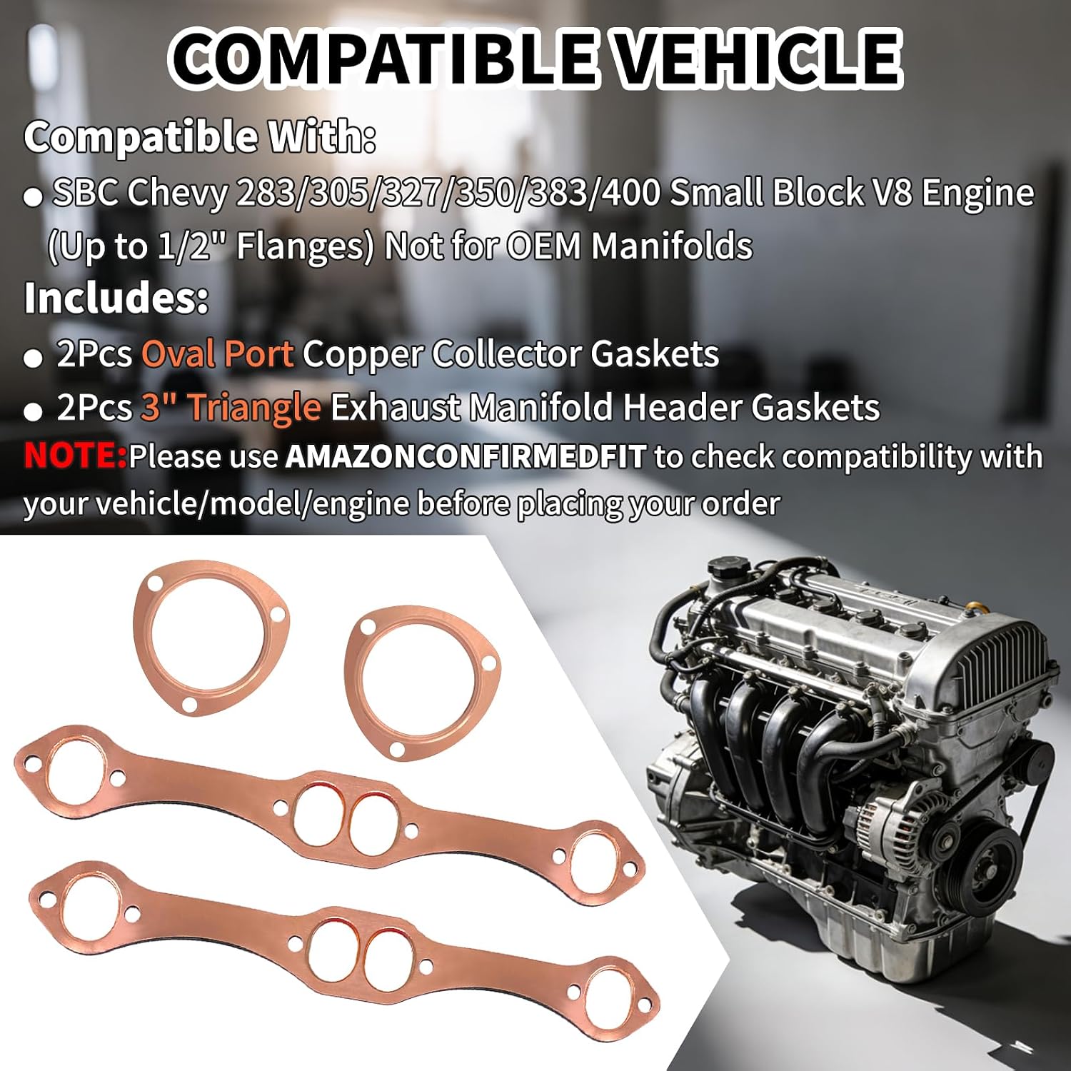 4Pcs SBC Oval Copper Exhaust Manifold Header Gaskets & 3" Triangle Exhaust Flange Set for SBC Chevy 262 283 305 327 350 383 400 Small Blocks V8 Engine Reusable Leak-Proof