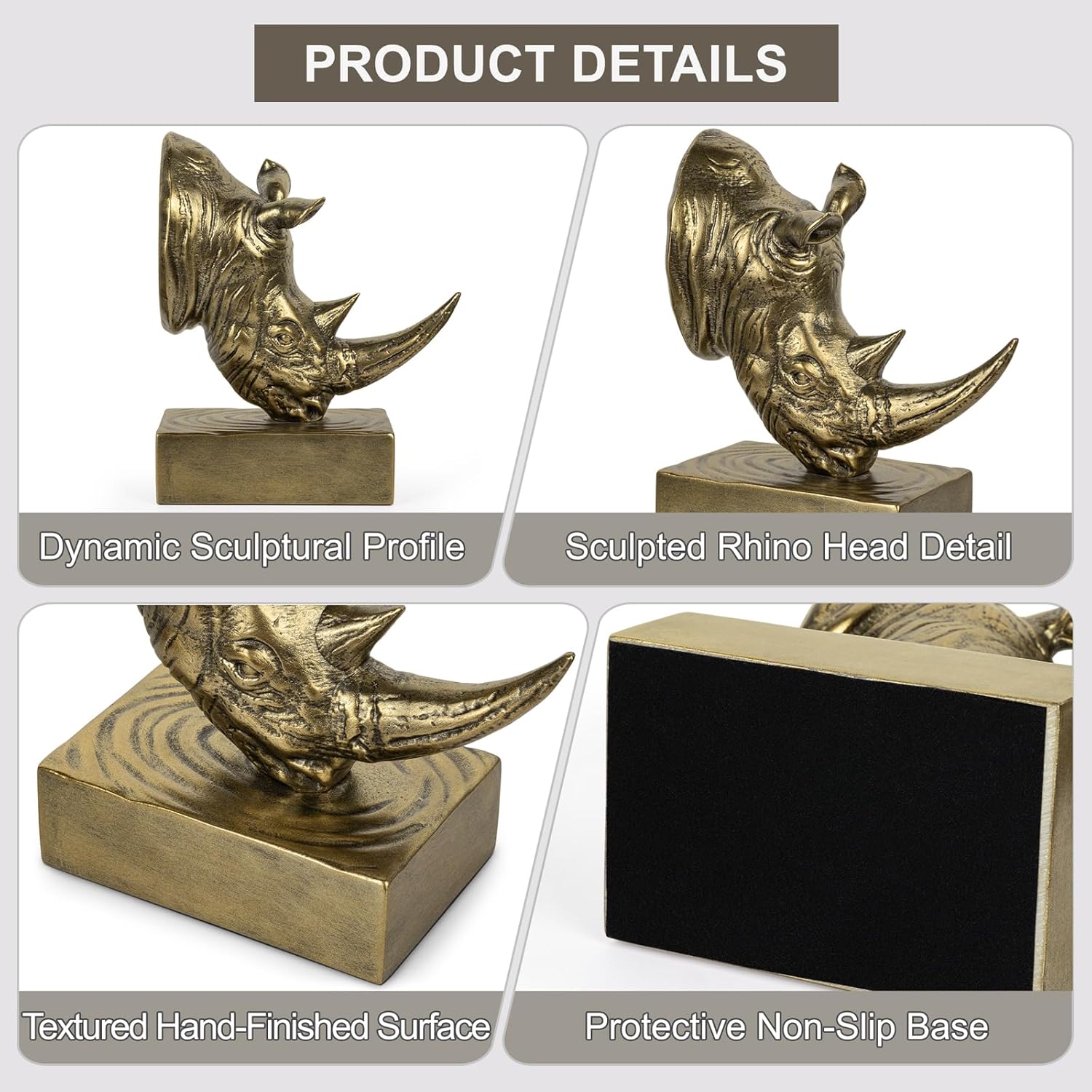Rhino Head Bookends, Sculptural Rhinoceros Book Ends for Shelves Office Desk, Heavy Decorative Animal Bookends, Home Office Library Decor (Gold)