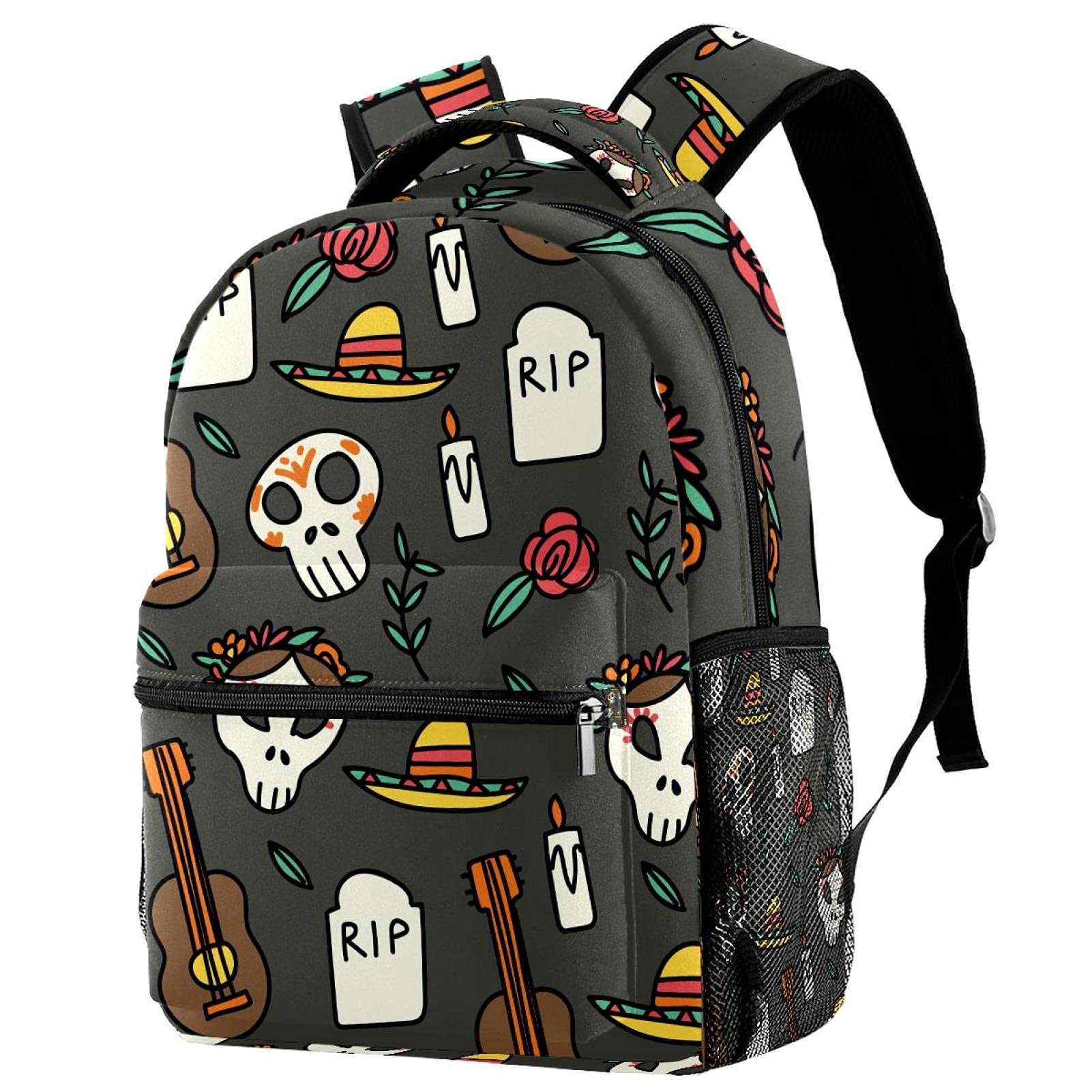 Sac à dos durable motif tête de mort fleur, cartable ultra léger et résistant