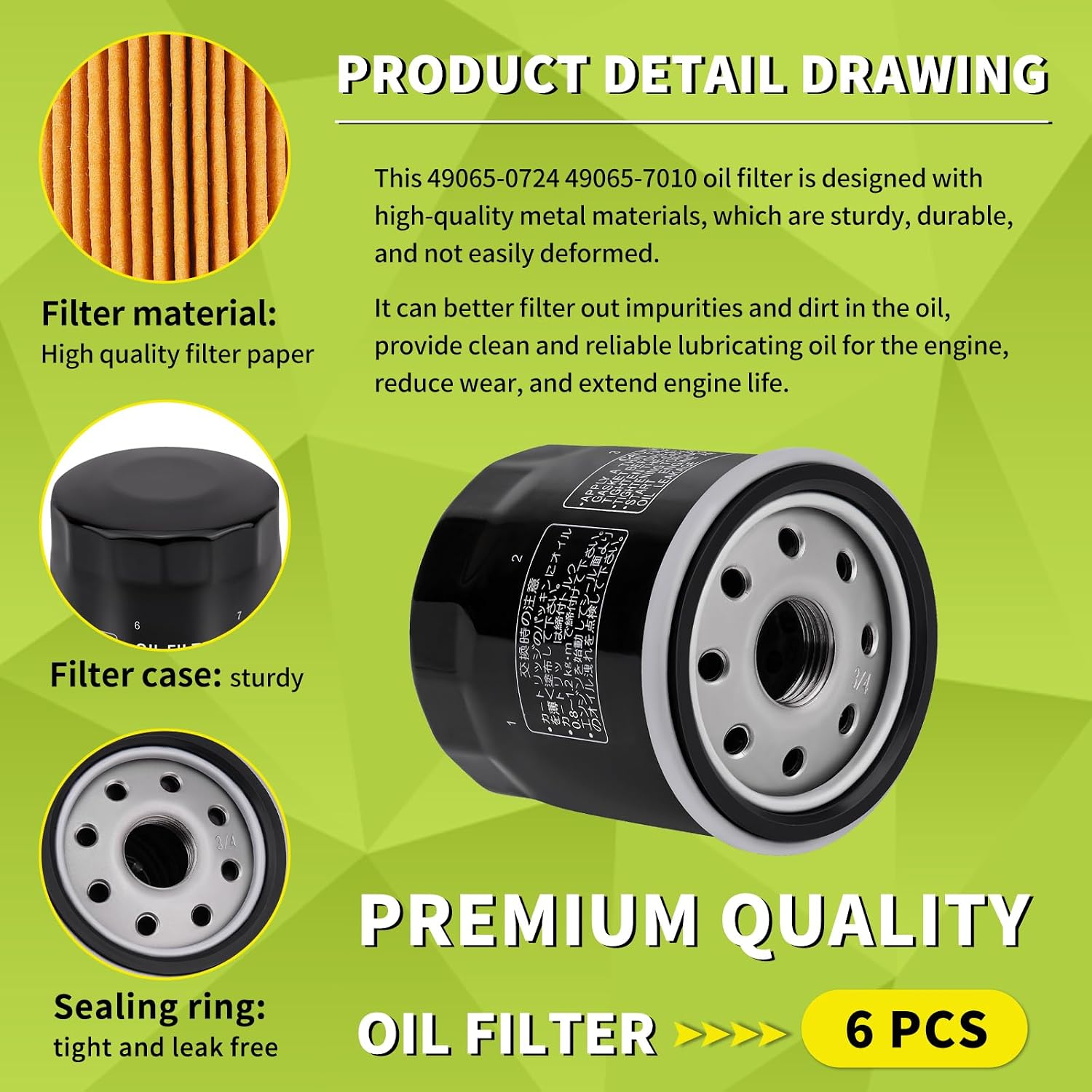 49065-0724 Oil Filter 49065-7010 for Kawasaki FH381 430V 480V 541V 580V-721V FH601-770D FJ180V FX850V 801V FX751-FX1000V Engine, AM107423 120-634 1016467 41016467 49065-2071 49065-2078, 6PCS
