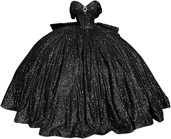 Glitter Tulle Quinceanera Dresses Ball Gown Off Shoulder Sweet 16 Dresses with Train Sparkly Beaded Quince Dress