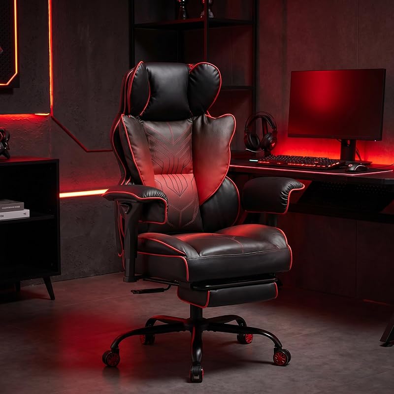 Big and Tall Gaming Office Chair 400lbs - Heavy Duty Ergonomic Computer Desk Chair with Footrest, Adjustable Armrests, High Back PU Leather with Racing Style (Black/Red)