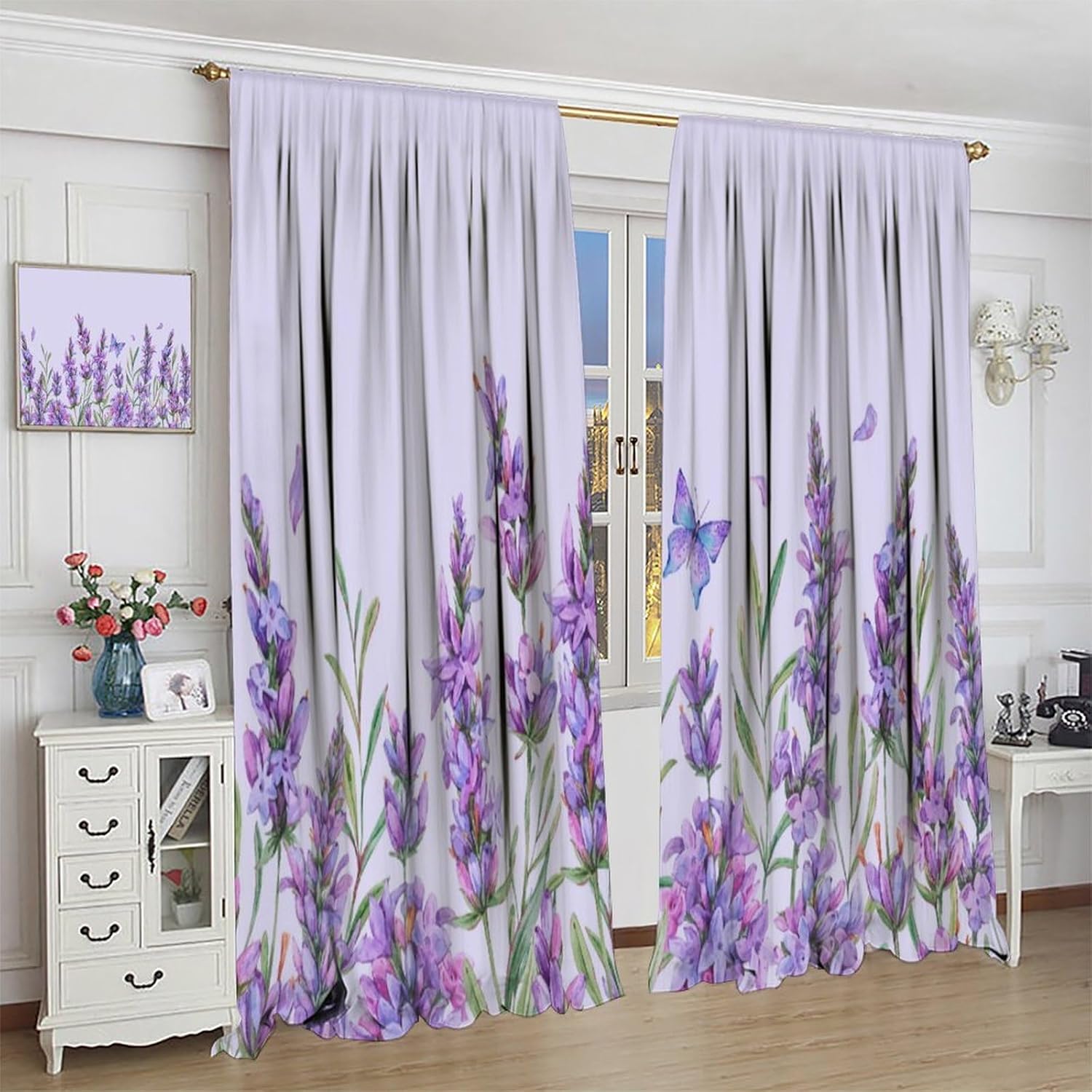 Lavender Flower Curtain Watercolor Purple Floral Butterfly Pattern Blackout Print Rod Pocket Window Drapes for Bedroom Living Room 84x84in