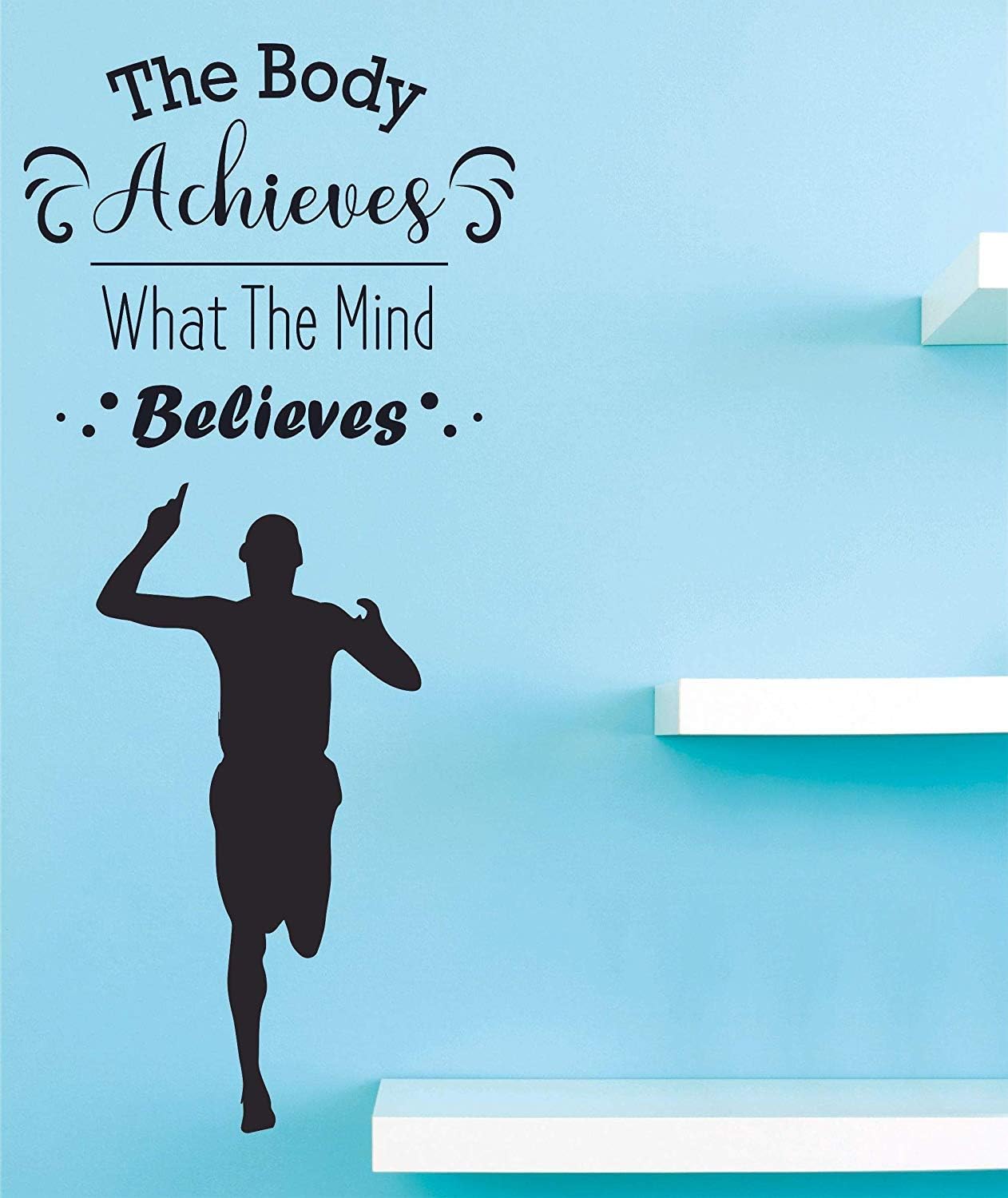The Body Achieves What The Mind Believes- Track and Field Running Quote Wall Decal for Girls Boys Bedroom/Healthy Mind Body Sports Athlete Room USA Olympics Vinyl Art Sticker Decor Size (20x18 inch)