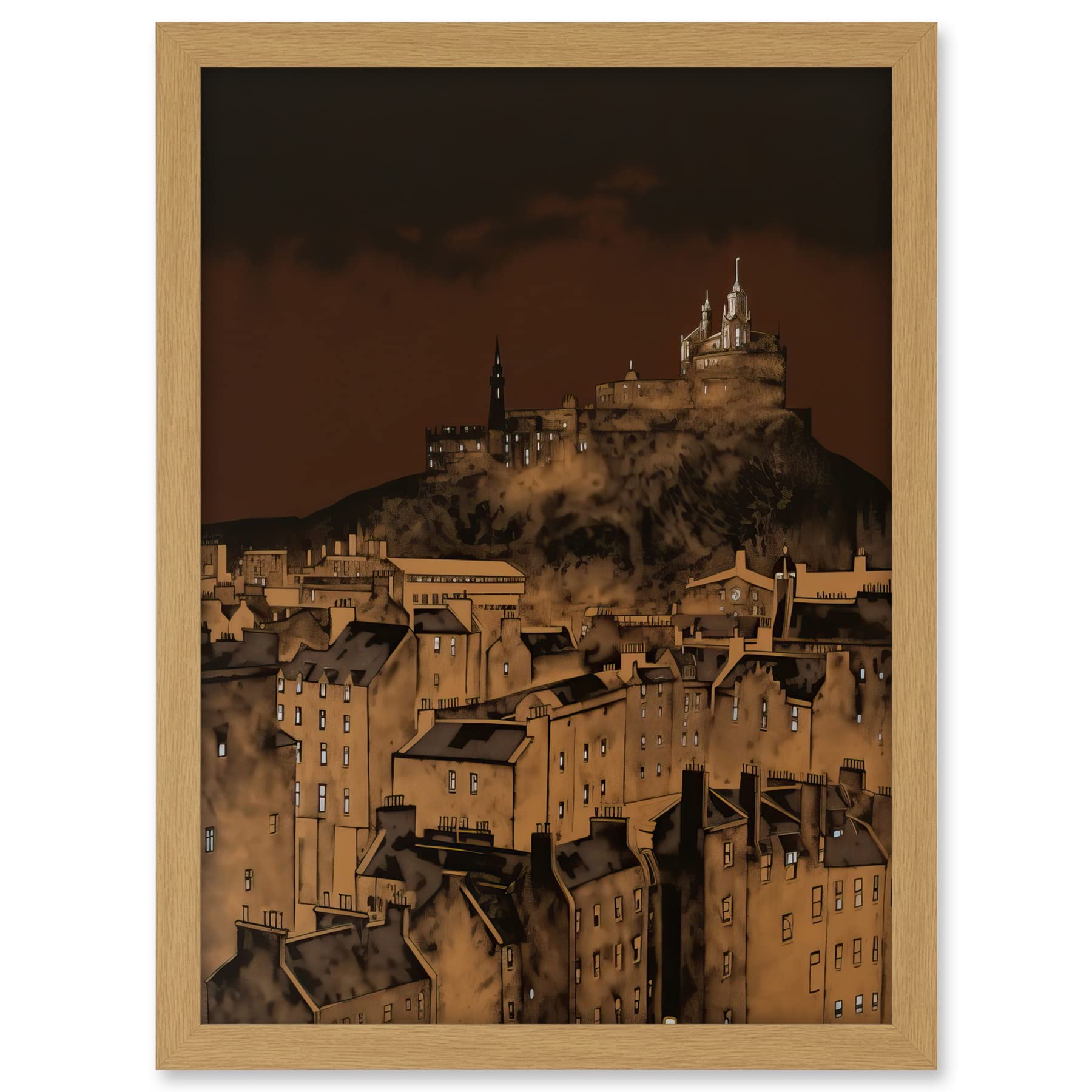 Artery8 Edinburgh Castle Over Old Town Cityscape at Night Artwork Framed A3 Wall Art Print