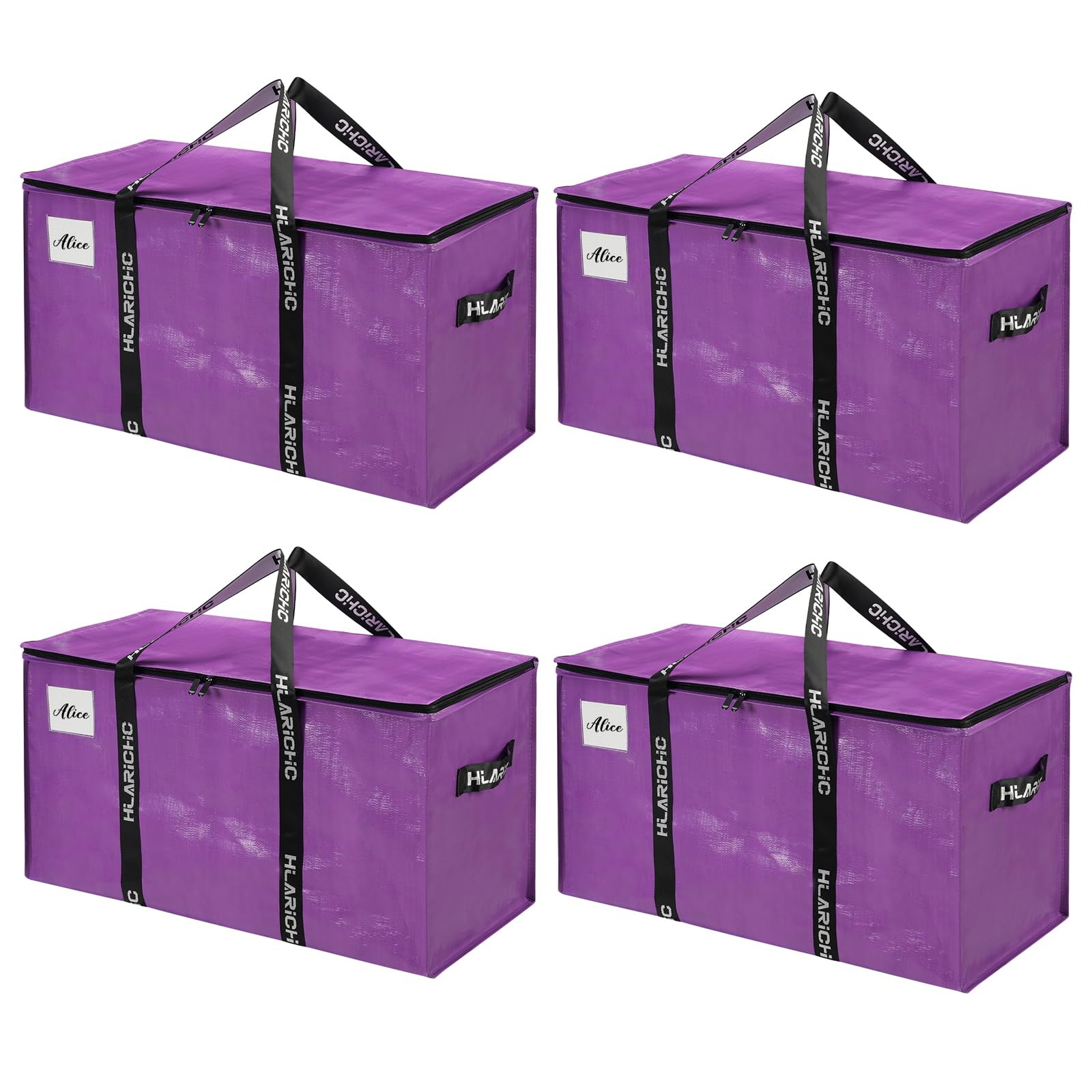 Hilarichic Heavy Duty Moving Bags 97L - Extra Large Storage Bags for Clothes with Strong Zipper & Comfortable Handles, Packing Boxes for Moving House, College Dorm, 4 Pack, Purple, Virgin PE Material