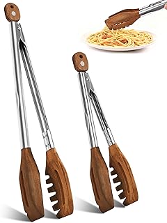 3-in-1 Wooden Tongs for Cooking Set of 2 (9", 12") Natural Walnut Wood kitchen Tongs & Pasta Tongs for Cooking, Pasta, Salad, Grilling More | Stainless Steel Non-Slip Grip, Heat Resistant, Pull Lock