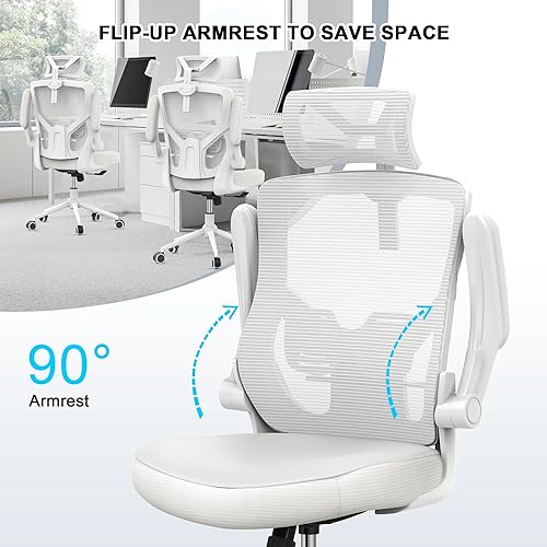 Miniatura 6 de Silla de escritorio ergonómica de malla, respaldo alto, reposacabezas ajustable con brazos abatibles, soporte lumbar, silla giratoria para tareas