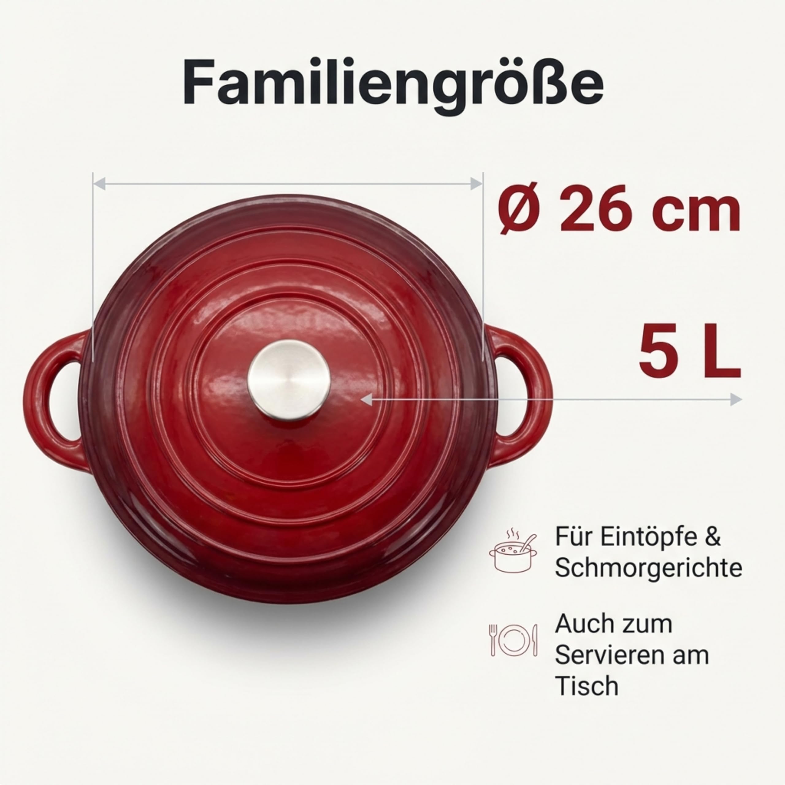 Homira Gusseisen Bräter Ø 26 cm mit Deckel – Emaille Schmortopf aus massivem Gusseisen, Dutch Oven für Induktion & alle Herdarten, backofenfest, ideal für Schmoren, Braten & Eintöpfe