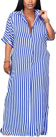 utcoco Womens 2025 Casual Loose Button Down Shirt Dress Vacation Boho Lapel 3/4 Long Sleeve Stripes Dresses