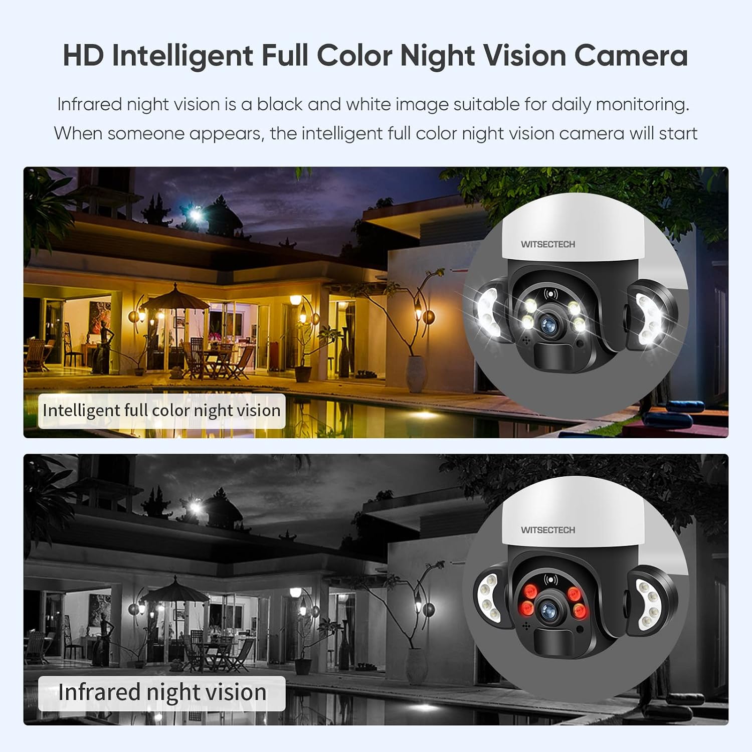 Comparison of full color night vision and infrared night vision from the WITSECTECH 4G LTE Solar Security Camera
